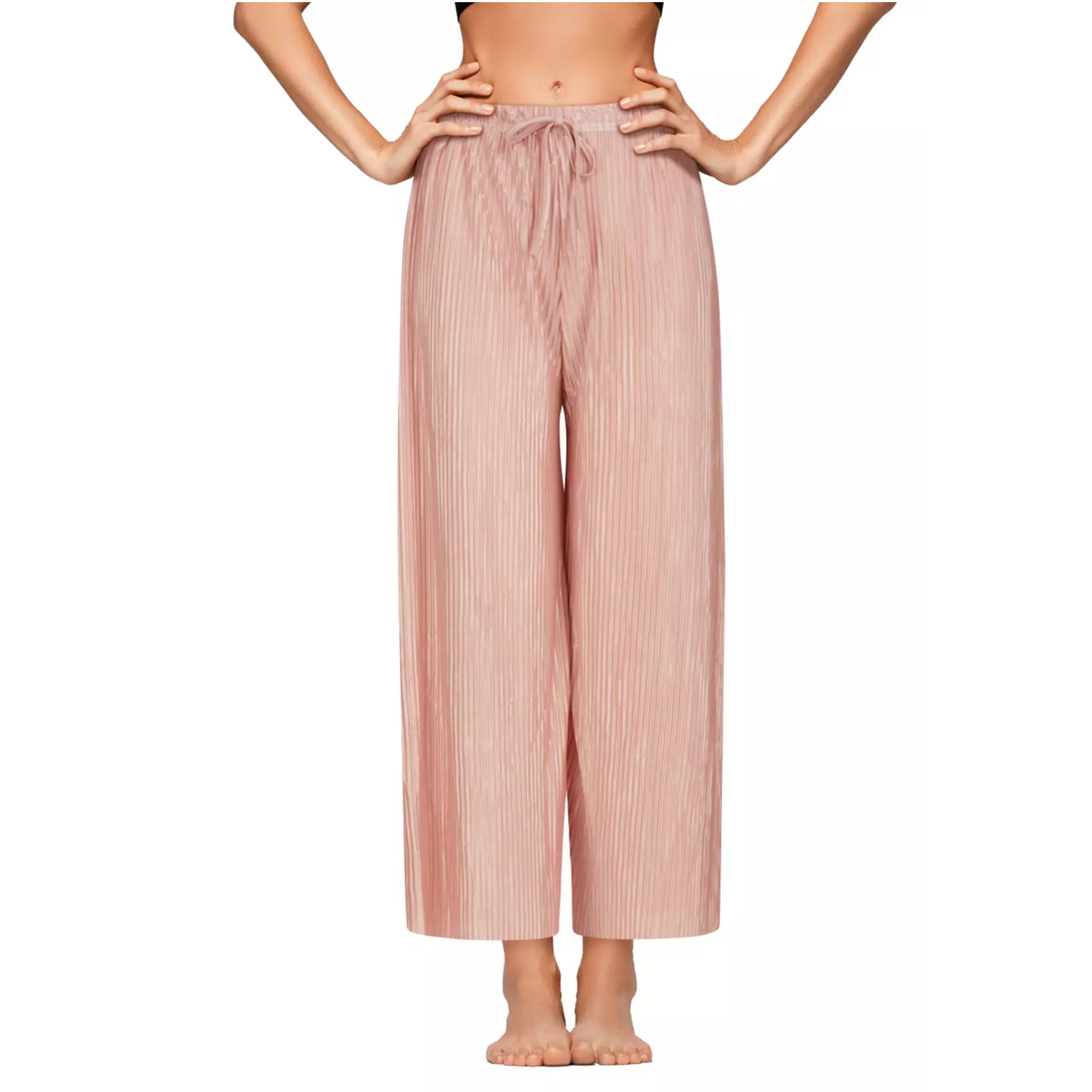 Ladies soft touch cropped trousers in dusty pink – lightweight wide leg casual pants with elasticated drawstring waist.